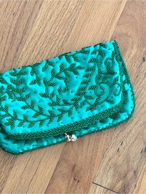 Vintage Green Beaded Satin Clutch